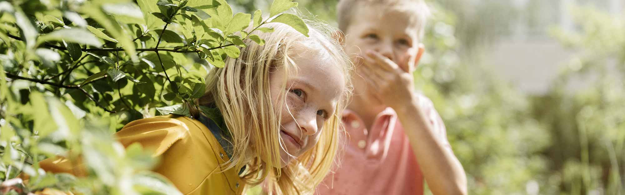 Två skrattande barn gömmer sig vid ett buskage 