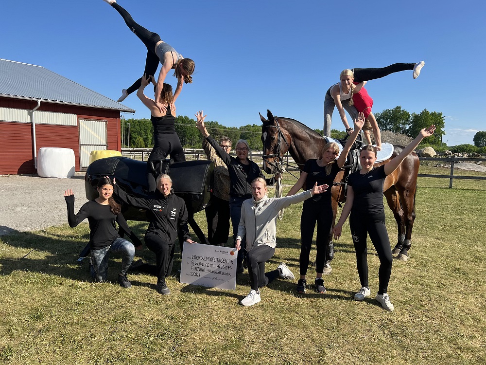 A group of gymnasts doing acrobatic tricks on horses.