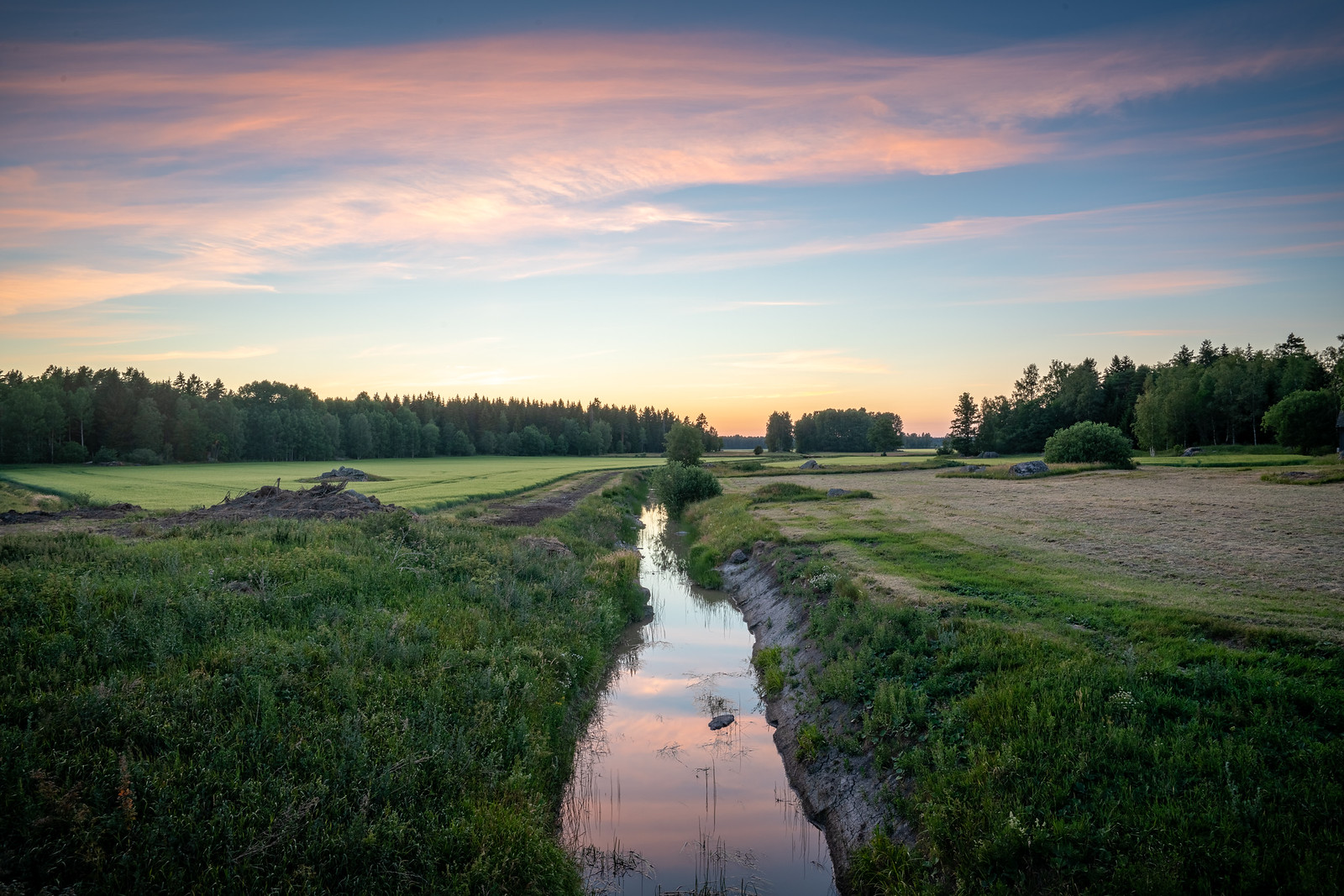 En bäck på ett gärde med rosa himmel